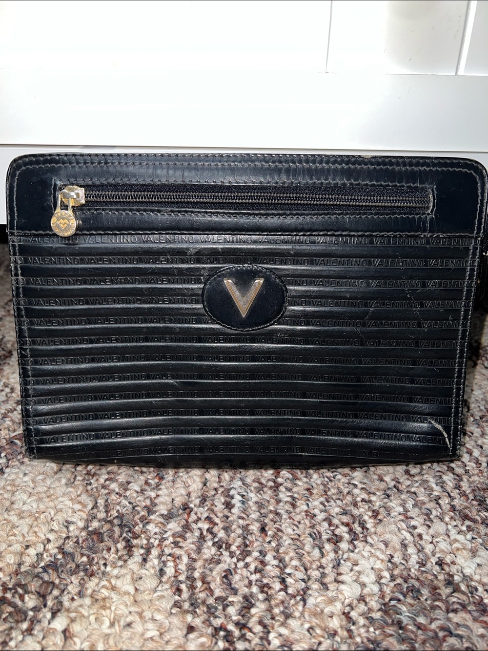 Valentino Black Leather Toiletry Bag with Gold V Emblem